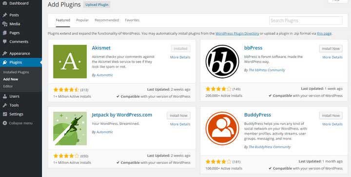 This page shows various WordPress plugins