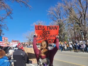 Carson City, Nevada, protest sign reads, "Less than 33 percent of Americans vote on a regular basis."