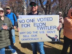 A protest sign in Carson City, Nevada, read, "No one voted for Elon Twittler.: